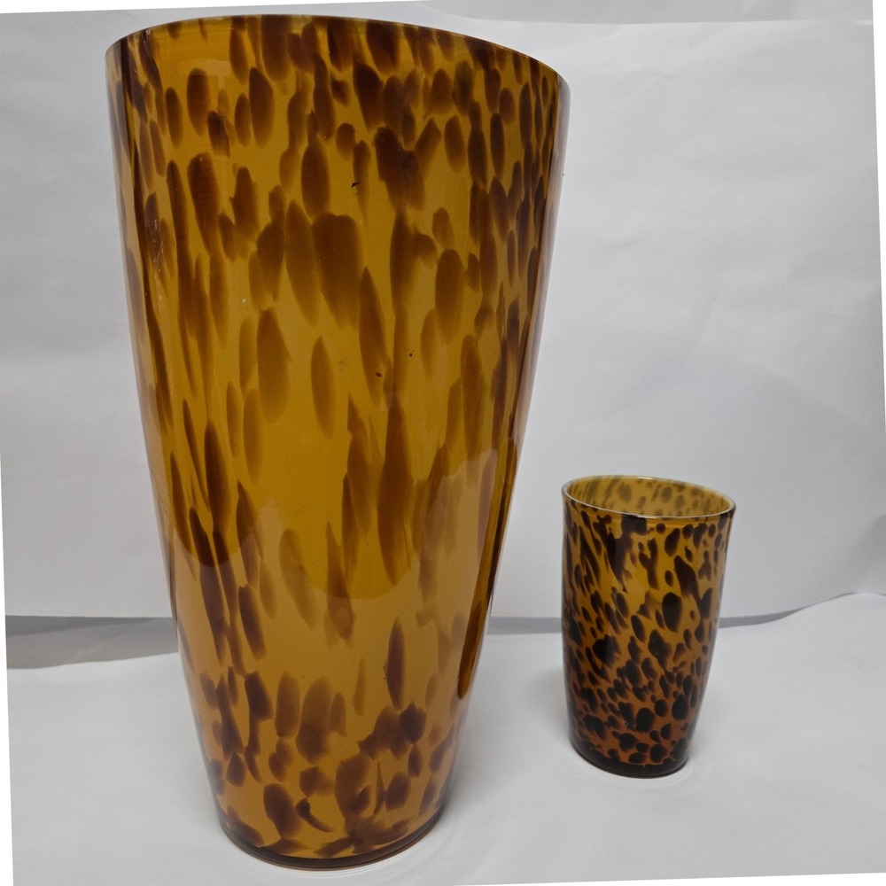 Amber Tortoiseshell Art Glass Vase and Tumbler Set Hand Blown Brown Mottled 2pc